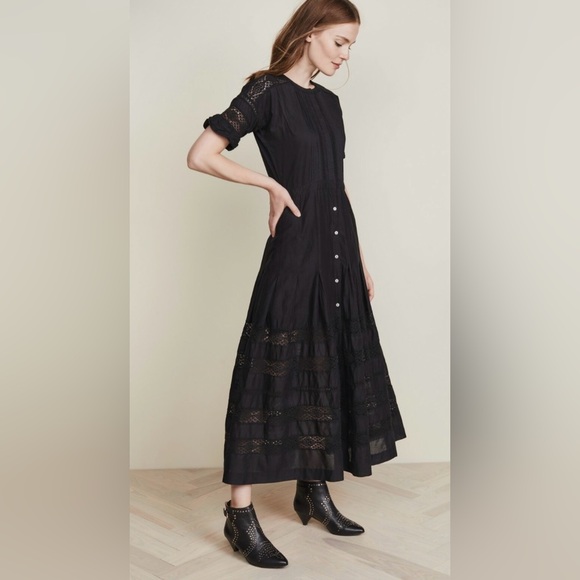 LoveShackFancy Black Cotton Edie Lace Short Sleeve Midi Shirt Dress Size Medium - Picture 5 of 9